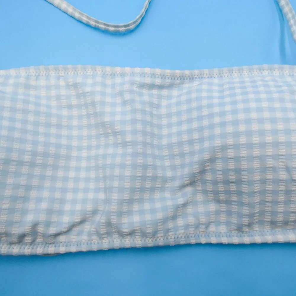 Victorias Secret Small White Blue Check Padded Halter Bikini Top Ribbed Swimwear